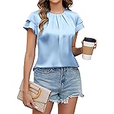 Blooming Jelly Women's Dressy Business Casual Pleated Ruffle Short Sleeve Satin Silk Work Blouse