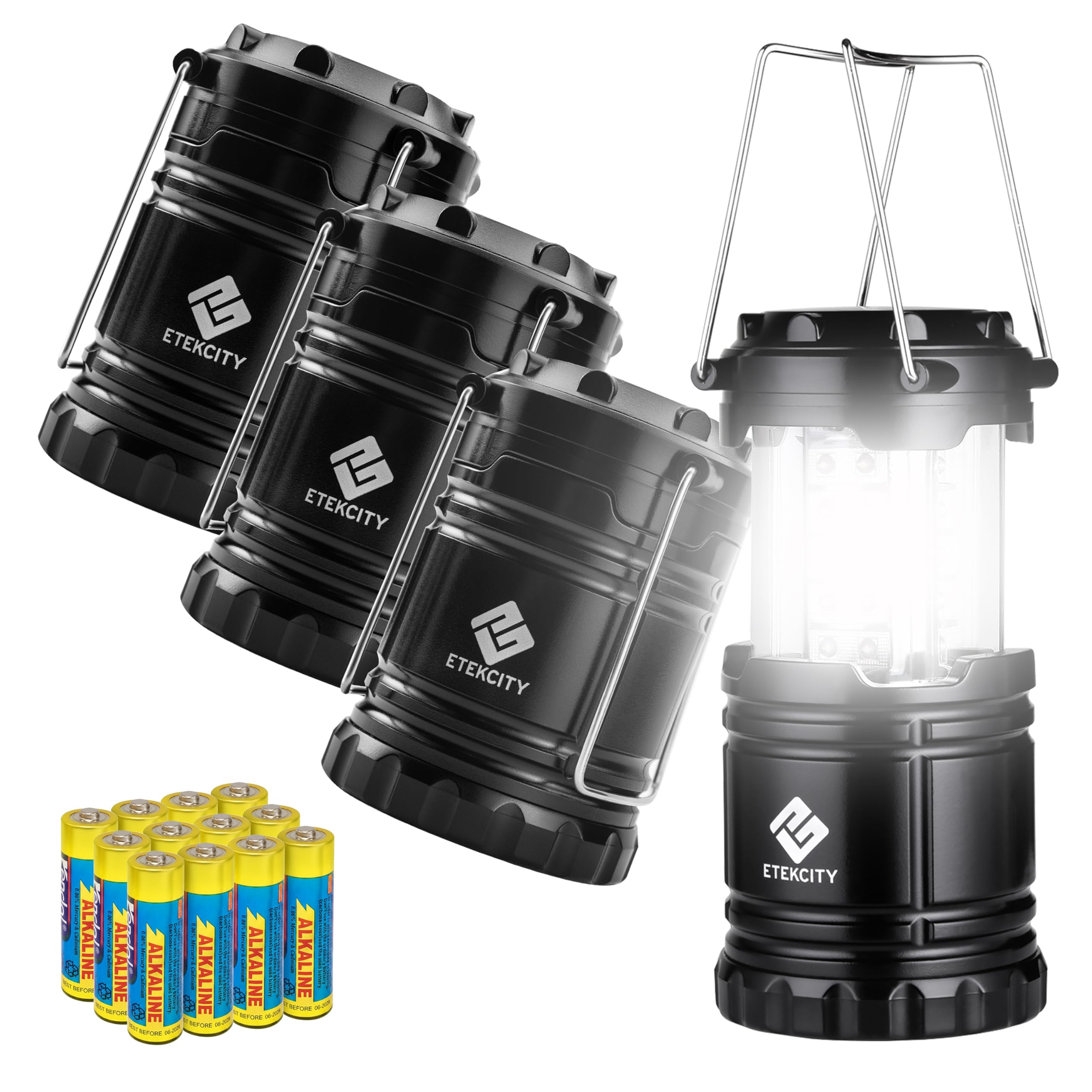 Etekcity Camping Lanterns for Power Outages 4 Pack, Flashlight for Camping Essentials, Survival Kit and Gear, Hurricane Preparedness Items, Emergency Led Battery Operated Lights, Black