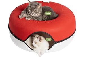 CATTASAURUS Peekaboo Cat Cave for Multiple & Large Cats Up to 30-45 Lbs, Scratch Detachable & Washable Tunnel Bed, Comfy Donut Cat Cave (Ruby Snowball, Large)