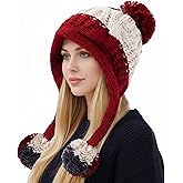 Women Winter Peruvian Cover Ears Beanie Hat Ear Flaps Sherpa Ski Snow Hats Knit Fleece Lined 3 Pom Pom