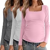 Baggyfly 3 Pack Women's Maternity Shirts Long Sleeve Side Ruched Pregnancy Tops Square Neck Basic Tunic Knit Mama Clothes