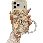 iFiLOVE for iPhone 17 Pro Max Bling Diamond Case with Flower Strap, 3D Luxury Sparkle Glitter Crystal Rhinestone Pearl Love Rose Wristband Bracelet Case Cover for Girls Women Kids (Champagne)