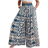 BEAUDRM Women's Plus Size Floral Palazzo Pants Boho Drawstring Waist Vacation Flowy Baggy Trousers