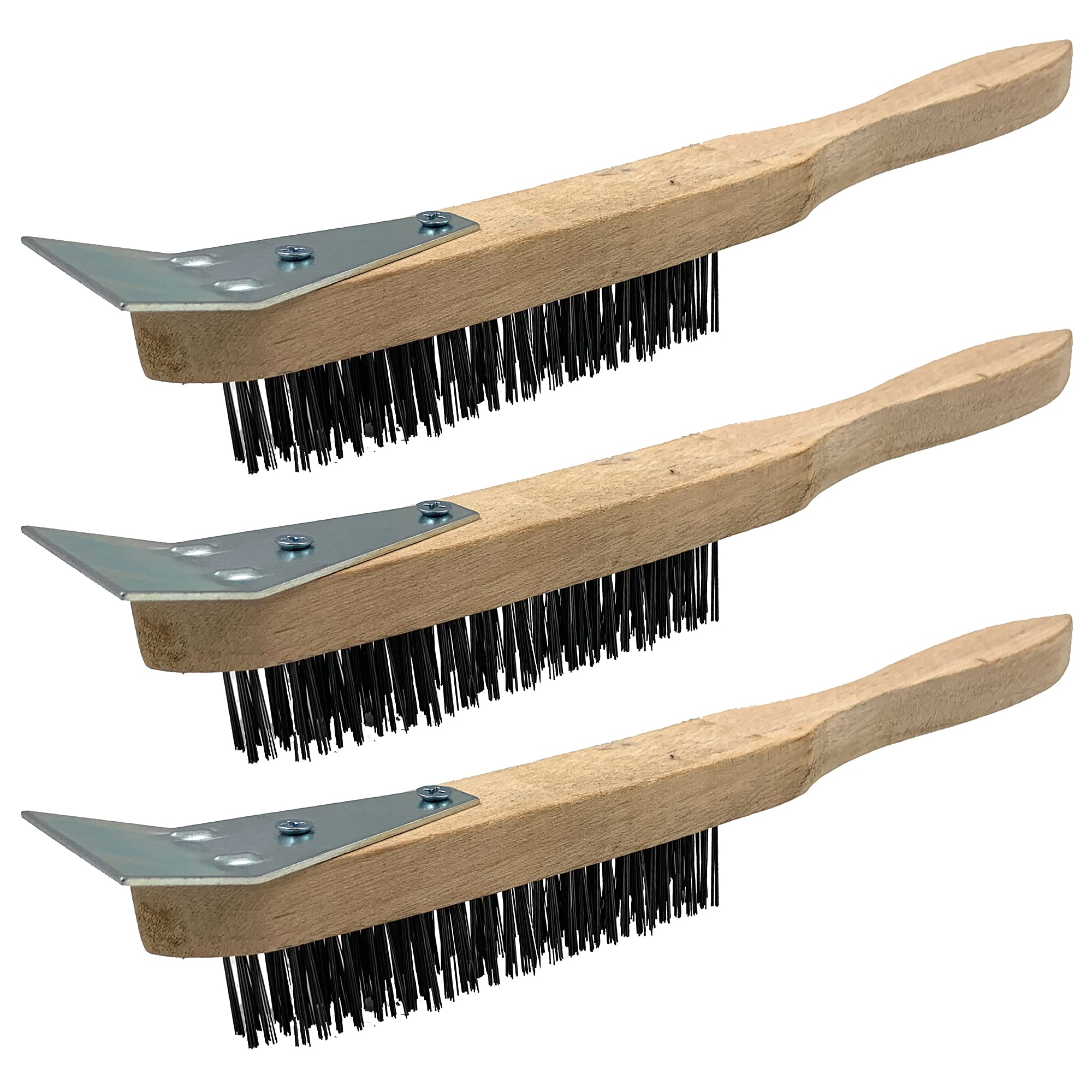 Wooden Wire Brush Set – Heavy Duty 4 Row Steel Brush with Wooden Handle and Metal Scraper, Steel Wire Brush for Rust Removal and Abrasive Cleaning (Set of 3 Wire Brushes)