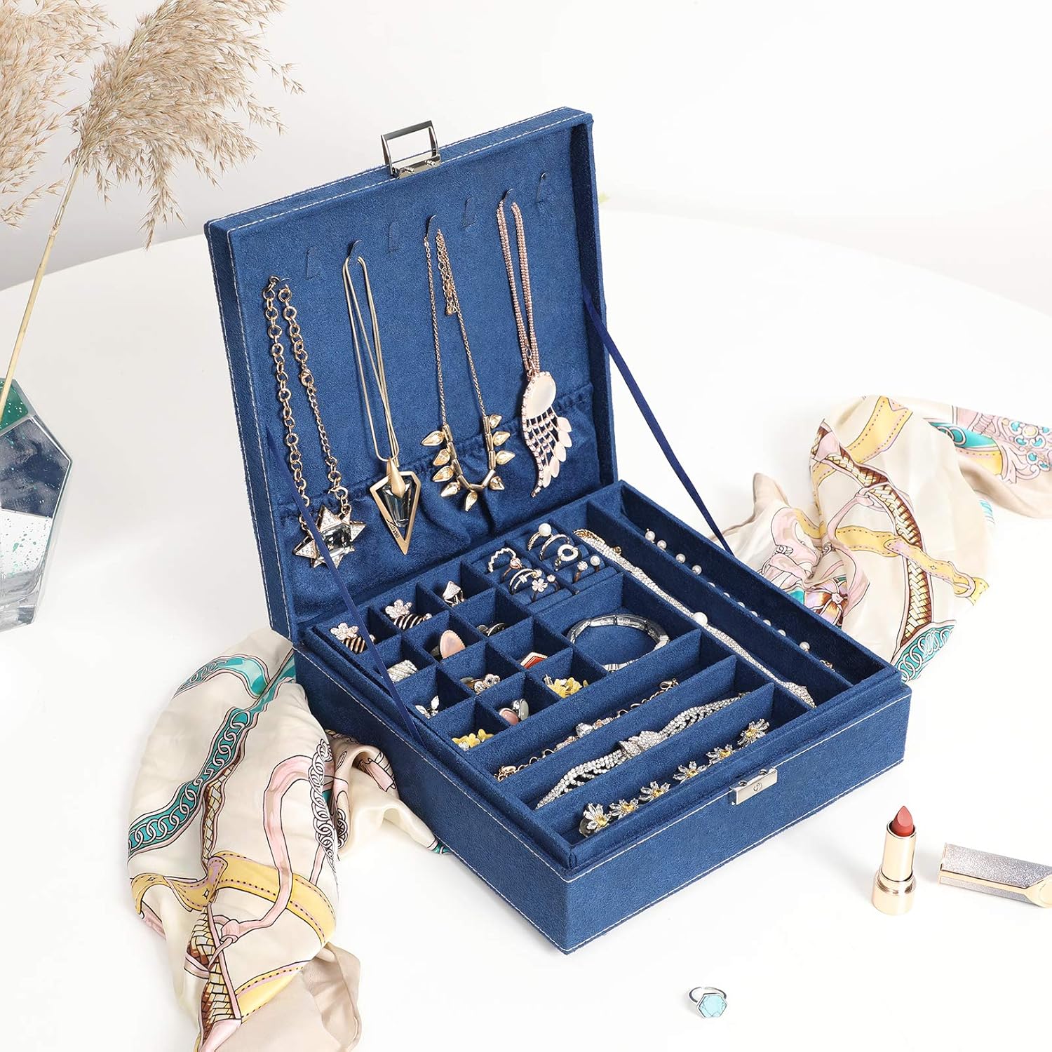 SONGMICS Large Jewelry Box with a Removable Tray and Compartments for Earrings, Necklaces, Bracelets, Dark Blue: Furniture & Decor