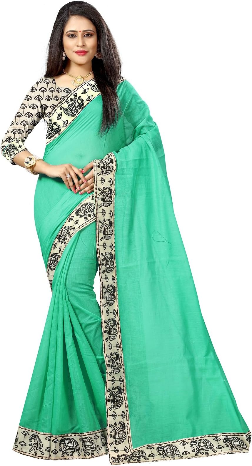 RAJESHWAR FASHION WITH RFWomen's Chanderi Cotton Silk Saree Printed Lace Work With Blouse Piece (FLOWER SEA GREEN,1_Free Size)