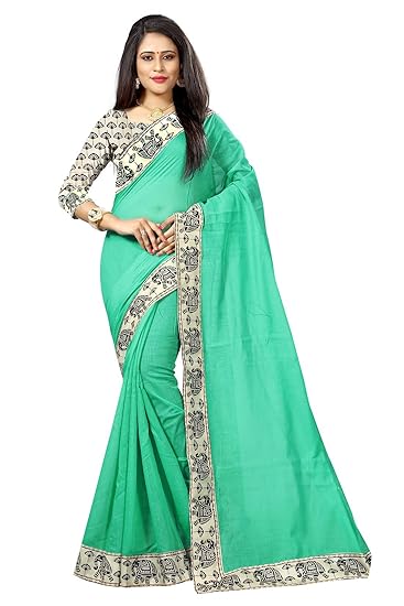Rajeshwar Fashion With Rf Womens Chanderi Cotton Silk Saree Printed Lace Work With Blouse Piece (FLOWER SEA GREEN,1_Free Size)