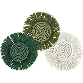 Whaline 3Pcs Boho Macrame Coasters Set Handmade Braided Coasters for Drinks Bohemian Cup Mat with Tassel Absorbent Heat Resistant Cotton Cup Mat for Summer Birthday Housewarming Gifts Home Decor