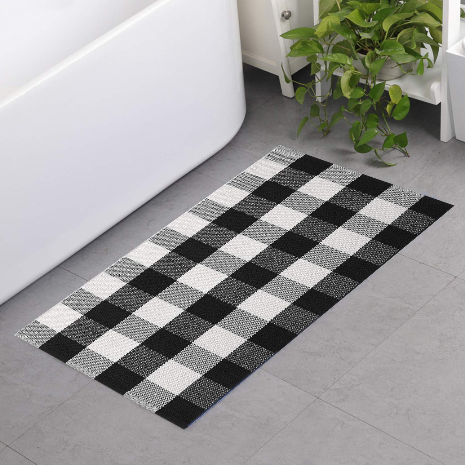 Photo 1 of MUBIN Buffalo Plaid Rug 2X4 ft Outdoor Black and White Checked Rug Cotton Reversible Hand-Woven Indoor Washable Entryway Front Porch Decor Rugs for Layered Welcome Front Door Mats