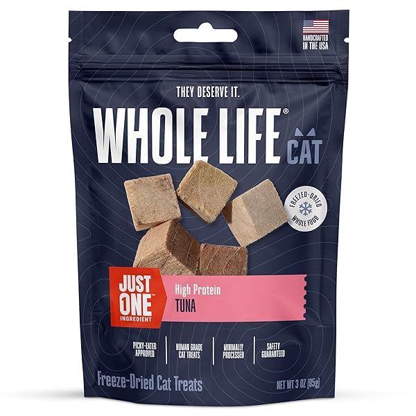 WHOLE LIFE CAT JUST ONE TUNA FREEZE DRIED CAT TREATS – HUMAN GRADE HIGH PROTEIN FOOD, HEALTHY TRAINING SNACKS, FREEZE DRIED TUNA FOOD TOPPERS, USA MADE NATURAL TREATS – 3 OZ (PACK OF 1)