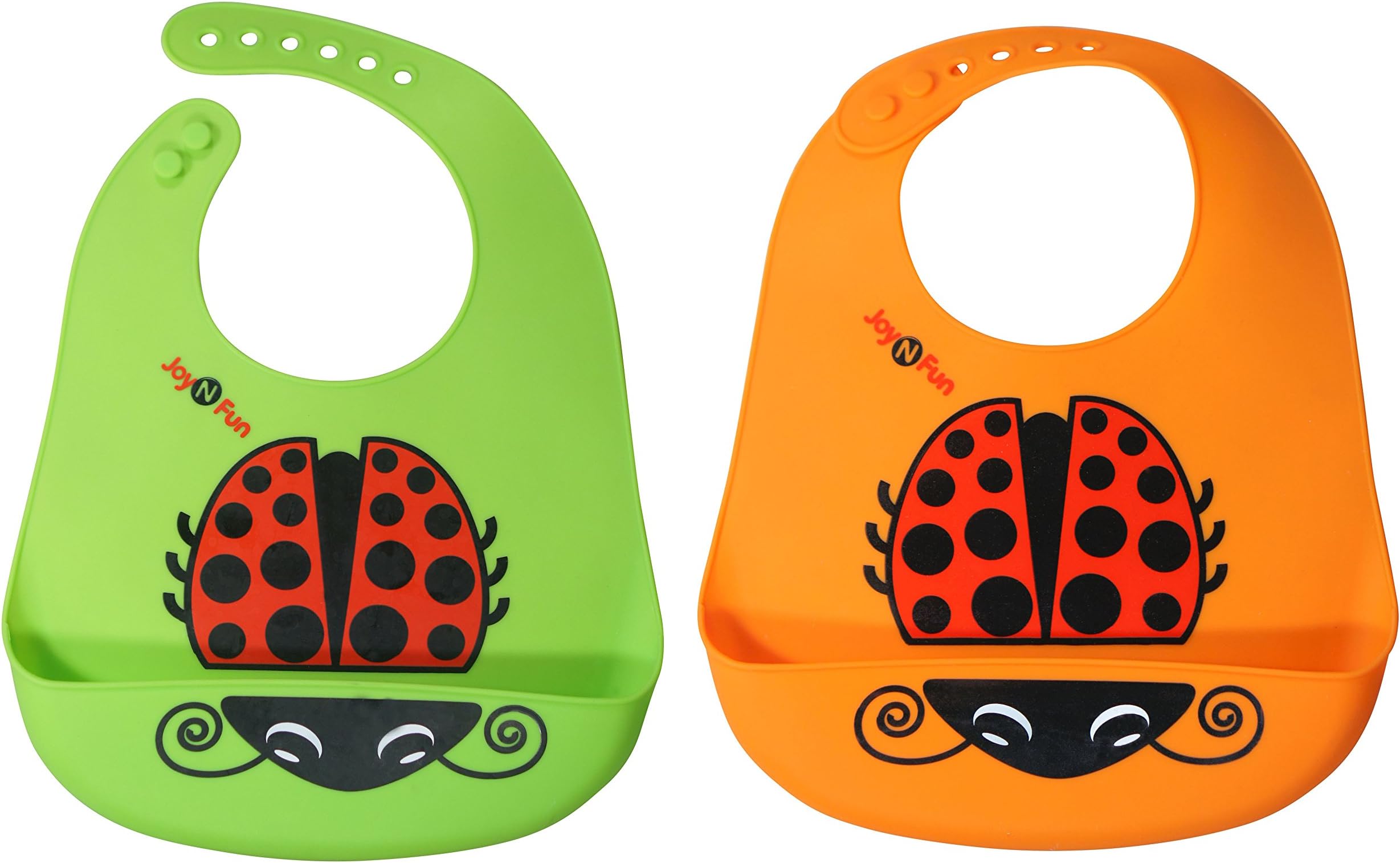 Two Pack Silicone Child Bib with LadyBug Green/Orange - JoyNFun
