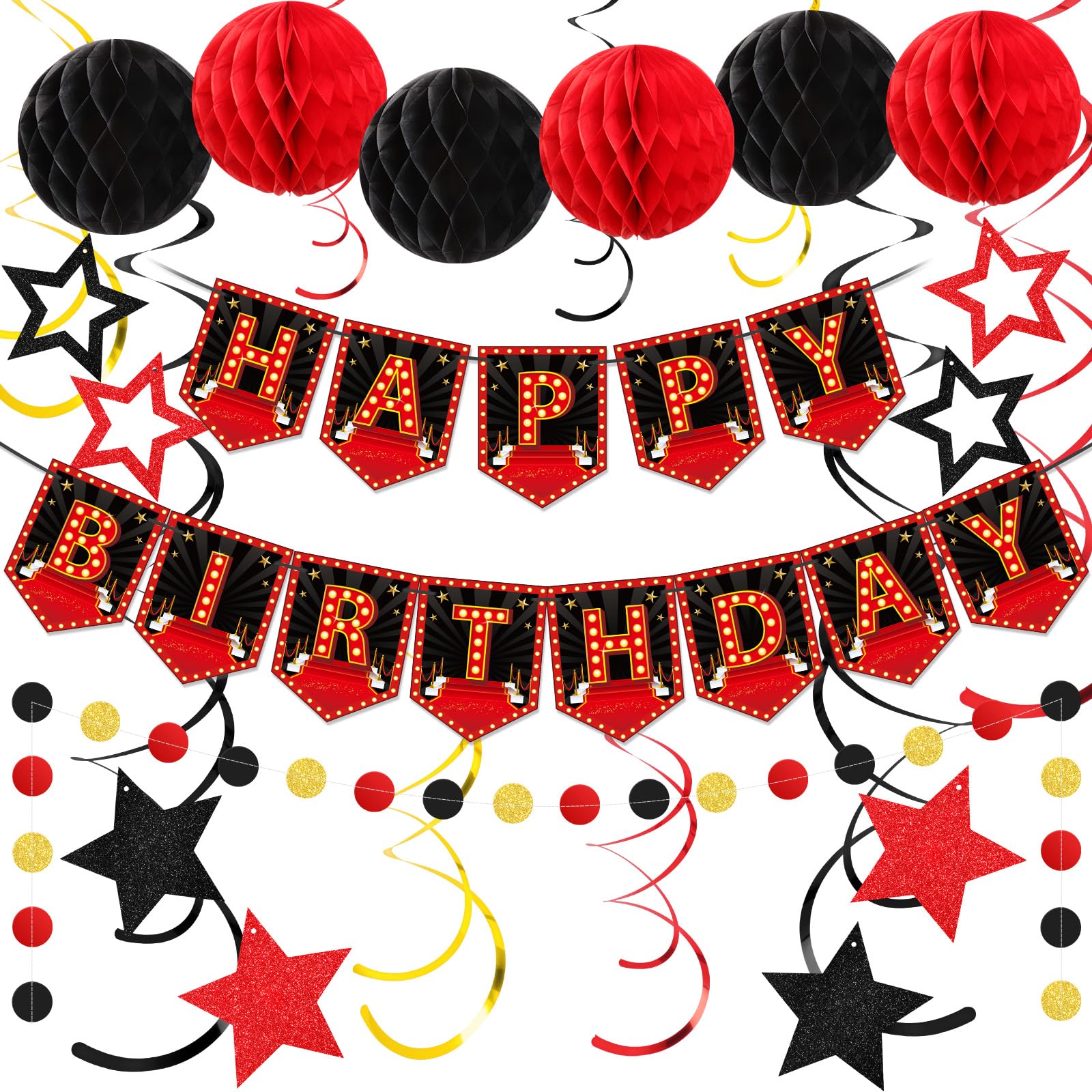 Photo 1 of Soulchen 24 Pcs Movie Night Theme Happy Birthday Banner Decorations Movie Night Theater Party Supplies Honeycomb Hanging Swirls for Home Film Birthday Party Red Carpet Decor