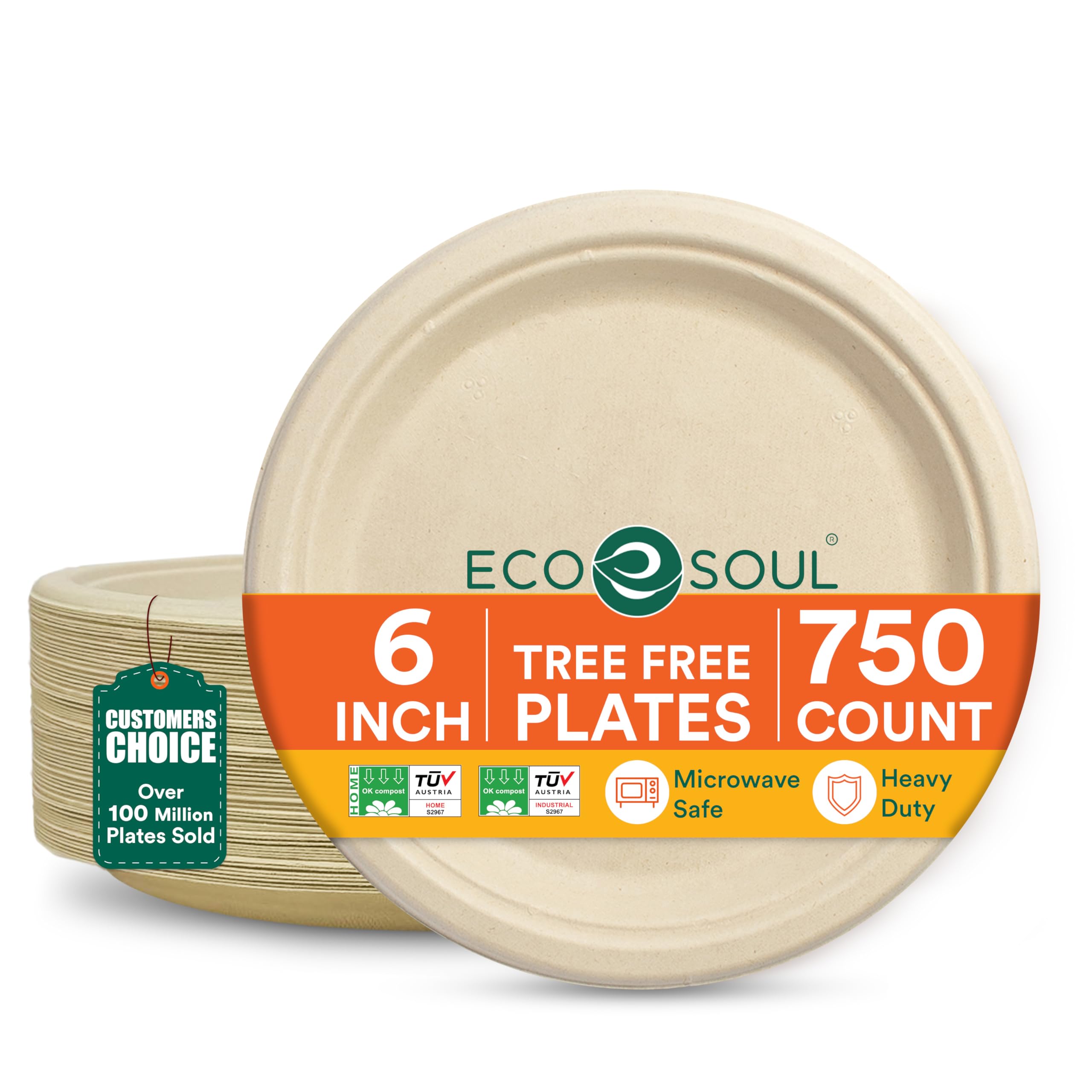 ECO SOUL 6 Inch Compostable Disposable Paper Plates [750 Pack] Food Safe 100% Virgin Bagasse Pulp Heavy Duty Microwave Safe Small Round Dessert Appetizer Plate for Party, Picnic & BBQ (Brown) Image
