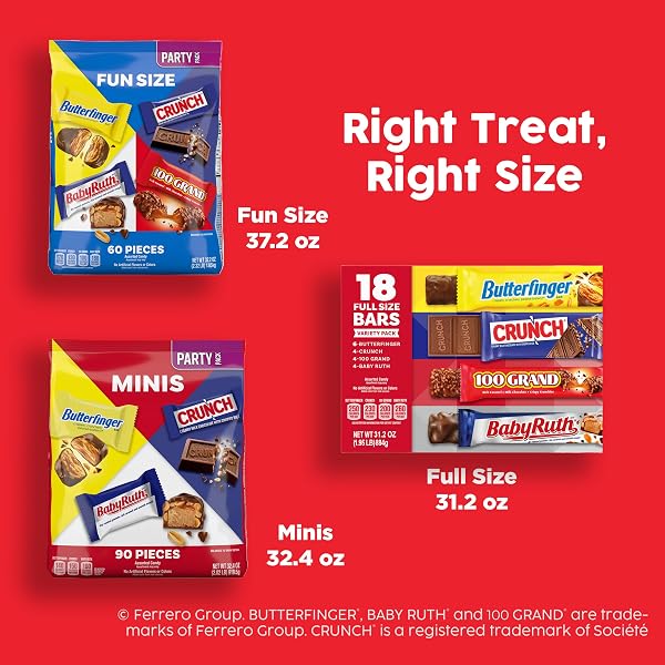 ASSORTED BUTTERFINGER, CRUNCH, AND BABY RUTH MINI CHOCOLATES, 90 COUNT PARTY PACK, 32.4 OZ