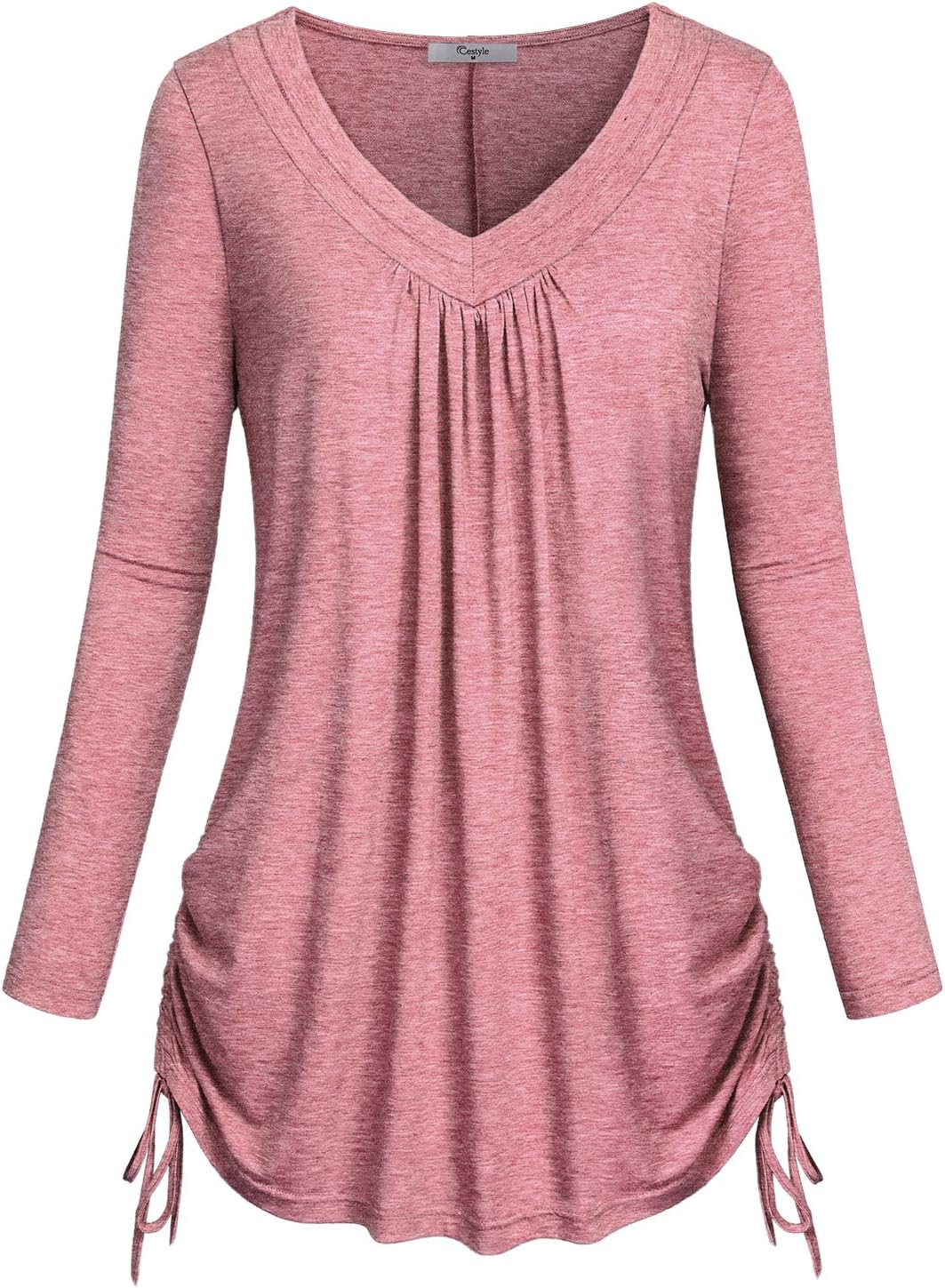 Cestyle Women's Long Sleeve V Neck Twist Knot Front Irregular Hem Tunic Tops