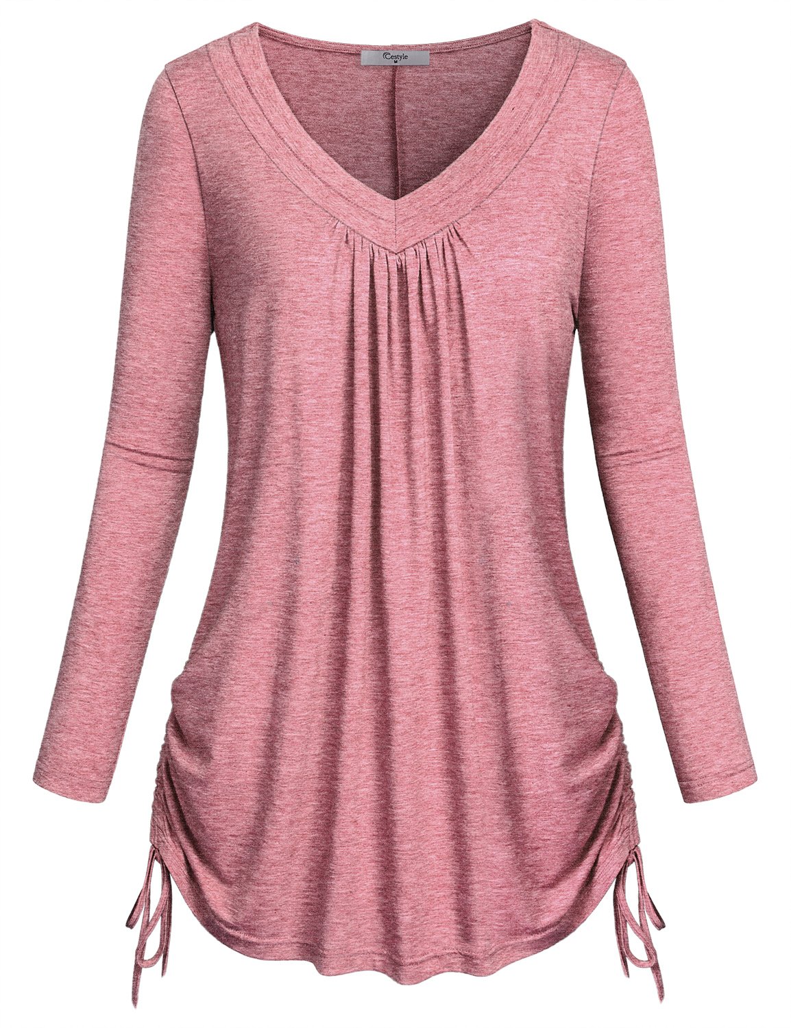 Cestyle Women's Long Sleeve V Neck Twist Knot Front Irregular Hem Tunic Tops