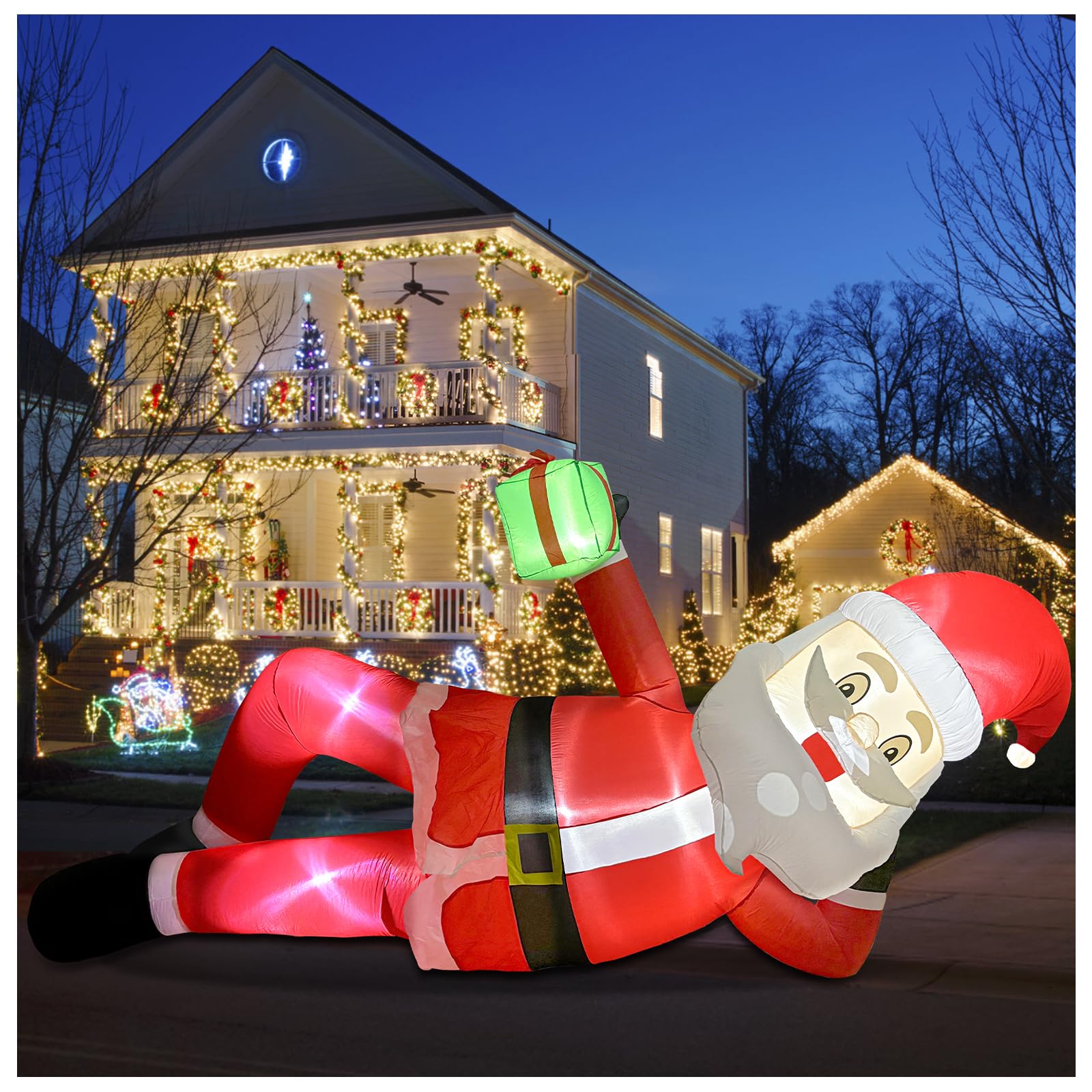 Photo 1 of 11.8 FT Inflatables Lying Santa Claus Outdoor Decorations, Blow Up Giant Inflatables Sleeping Santa Claus with LED Lights for Eaves Roof Garden Lawn Xmas Winter Party Holiday Indoor & Outdoor Decor