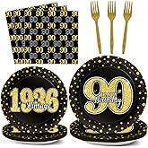 96PCS 90th Theme Birthday Party Tableware Vintage 1936 Party Supplies 90 Year Old Birthday Decorations Plates Napkins Forks Black and Gold Dinnerware Favors for Men or Women