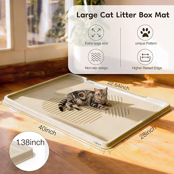 ISSEVE CAT LITTER MAT 40″ X 28″ XL, EXTRA LARGE SILICONE MAT FOR LITTER BOX, 1.38″ RAISED EDGE URINE WATERPROOF LITTER TRAPPING MAT PAD FOR SCATTER CONTROL, SOFT ON KITTY PAWS, PROTECT FLOOR (BEIGE)