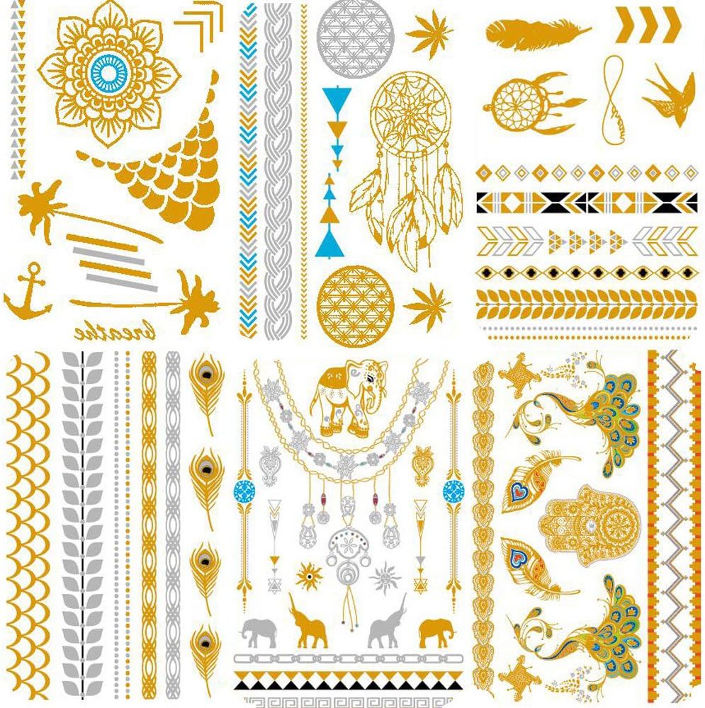 KALLOE Premium Metallic Temporary Tattoos, 75+ Gold and Silver Mandala Mehndi Boho Designs Waterproof Sticker Flash Jewelry Tattoos for Women Teens Girls