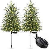 Woanger 2 Pack Outdoor Norfolk Pine Solar Christmas Tree Stake Lights 29 in | Realistic Pine with Warm LED Lights, Solar Auto on off, Waterproof for Yard Walkway Patio Porch Pathway, Outdoor Decorations