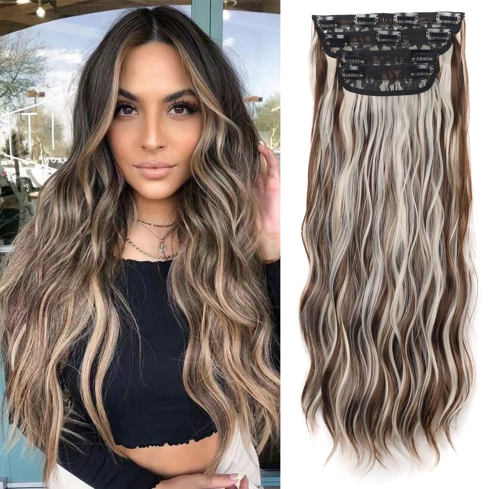 Gairyan Clip in Hair Extensions 4PCS Curly Wavy Long Hair Pieces Full Head Synthetic Hair Extension Thick Natural Look for Women, 22 Inches 180g, Chestnut Brown & Platinum Blonde — image 1