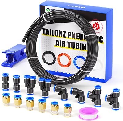 Tailonz Pneumatic PU Air Hose Kit 10mm OD 6.5mm ID 10m Black