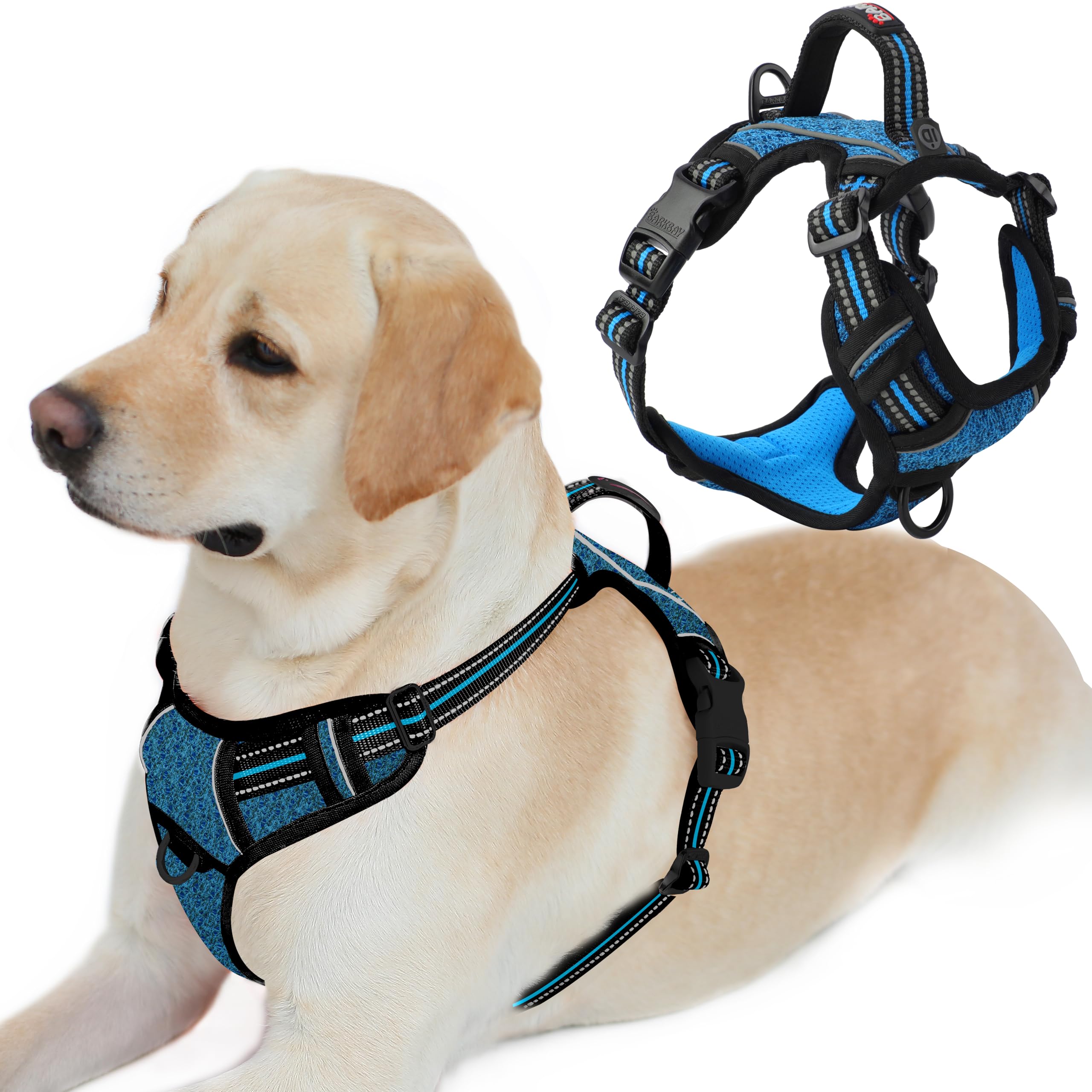 BARKBAY Dog Harness No Pull with ID Tag Pocket - Heavy Duty, Reflective, Easy Control for Large Dogs(Blue/Black,L)