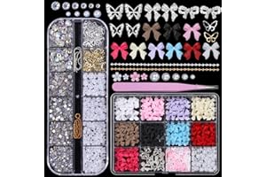 Cynailli 3D Nail Charms and Gems, Color Flower Bow Nail Art Charms, Half Round Pearl Flatback Nail Gems, Butterfly Alloy Nail Charms DIY Nail Art Supplies Accessories