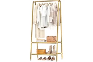 JOISCOPE Gold Metal Small Garment Rack, Sturdy Clothing Rack with Double Layer Shelf for Storing Clothes, Shoes, Suitable for Bedroom, Office, Living Room, 24.4 * 13.8 * 62Inches