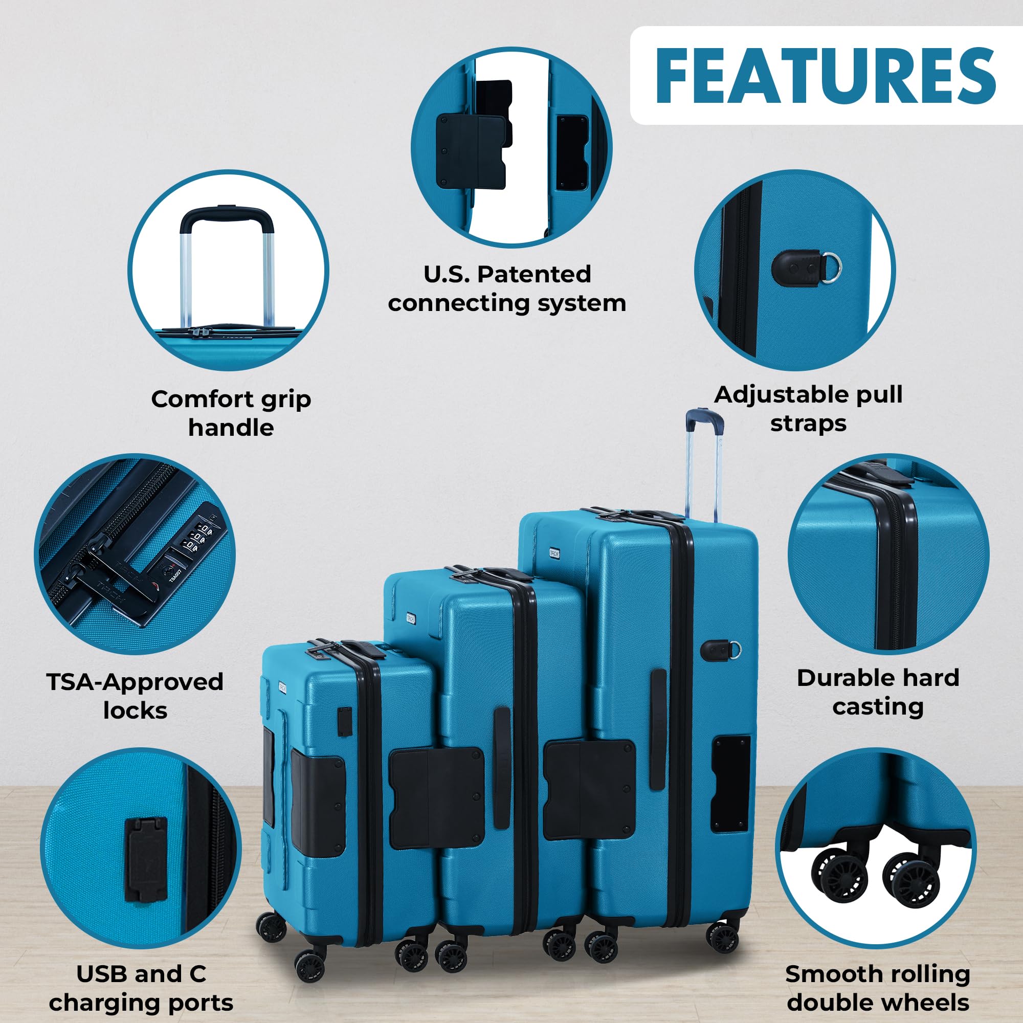 TACH V3.1 Hard Shell 3 Piece Luggage Set - 20, 24 & 28 inch Luggage | Carry On, Medium & Large Checked Suitcases | Patented Built-In Connecting System | Rolling Suitcase Links 9 Bags (Blue)
