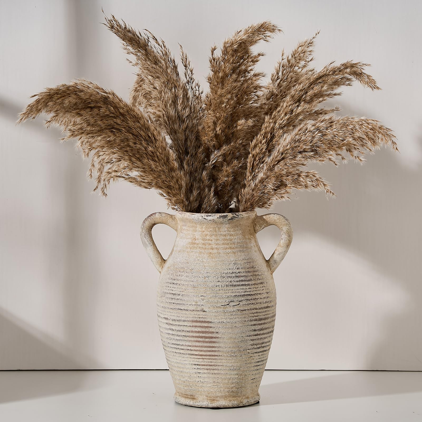Photo 1 of Vaseking Large Ceramic Rustic Vase with 2 Handles, 9.8 inch Whitewashed Terra Cotta Decorative Pottery Flower Vase for Home Decor, Living Room, Shelf Decor, Enterway, Table Decoration, Gray