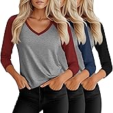 Baggyfly 3 Pack Women’s V Neck 3/4 Sleeve Shirts, Raglan Color Block Tees Baseball Style Loose Casual Tops