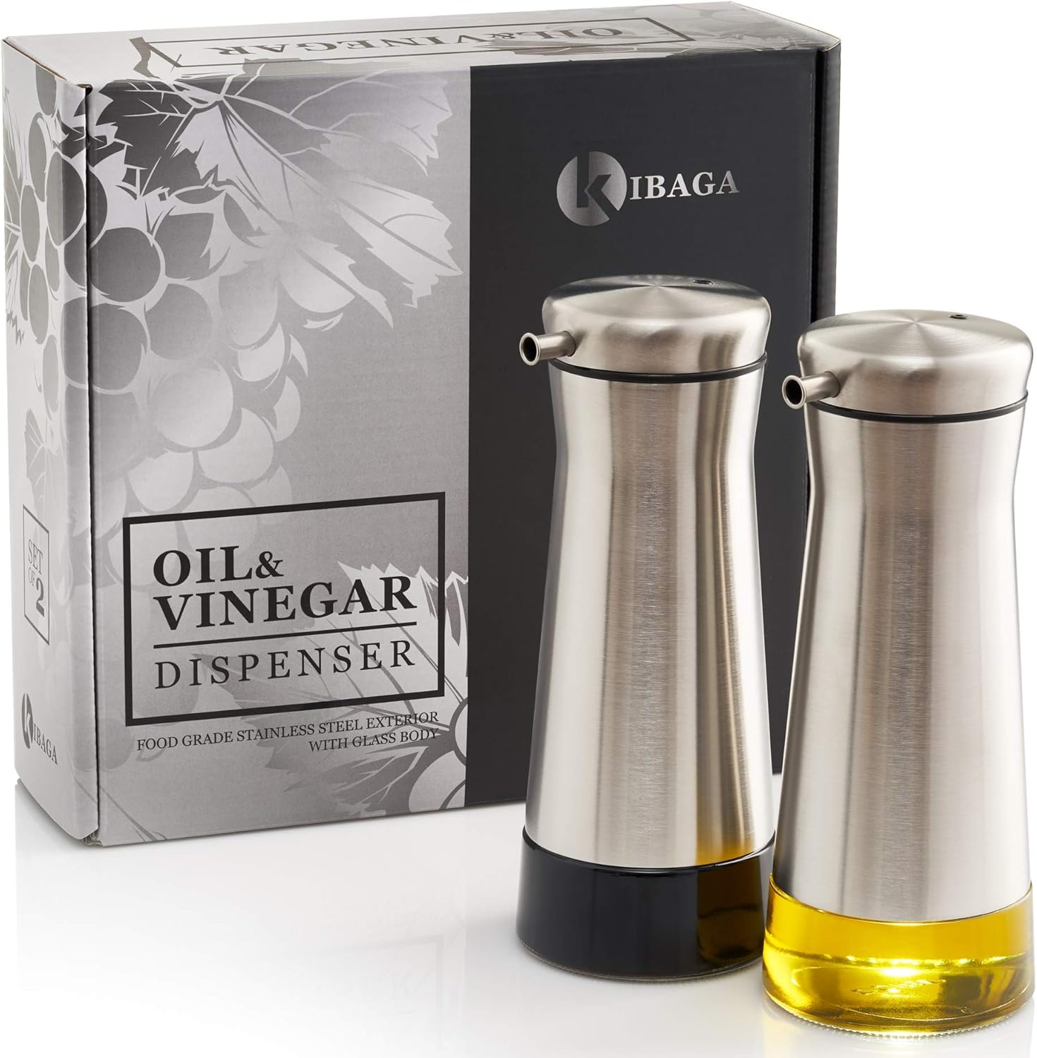 Gorgeous Olive Oil And Vinegar Dispenser Set of 2 - Elegant Stainless Steel Oil Cruet Set For Easy & Drip Free Pouring: Home Improvement