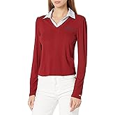 Tommy Hilfiger Women's Attached Woven Ribbed Vneck Shirt Top