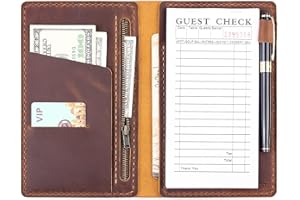 ROBRASIM Server Book Organizer with Zipper Pocket, Genuine Leather Restaurant Guest Check Presenters Card Holder for Waitress, Waiter Accessories Fit Server Apron - Brown