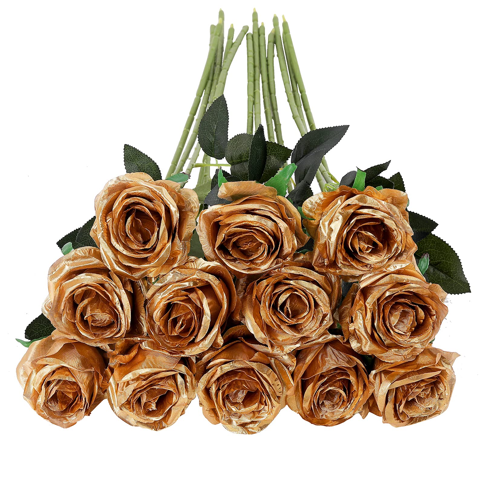 Tifuly 12 PCS Artificial Roses, 19.68'' Single Long Stem Fake Rose Silk Bridal Wedding Bouquet Realistic Flower for Home Garden Party Hotel Office Decor(Blossom Roses,Glod)