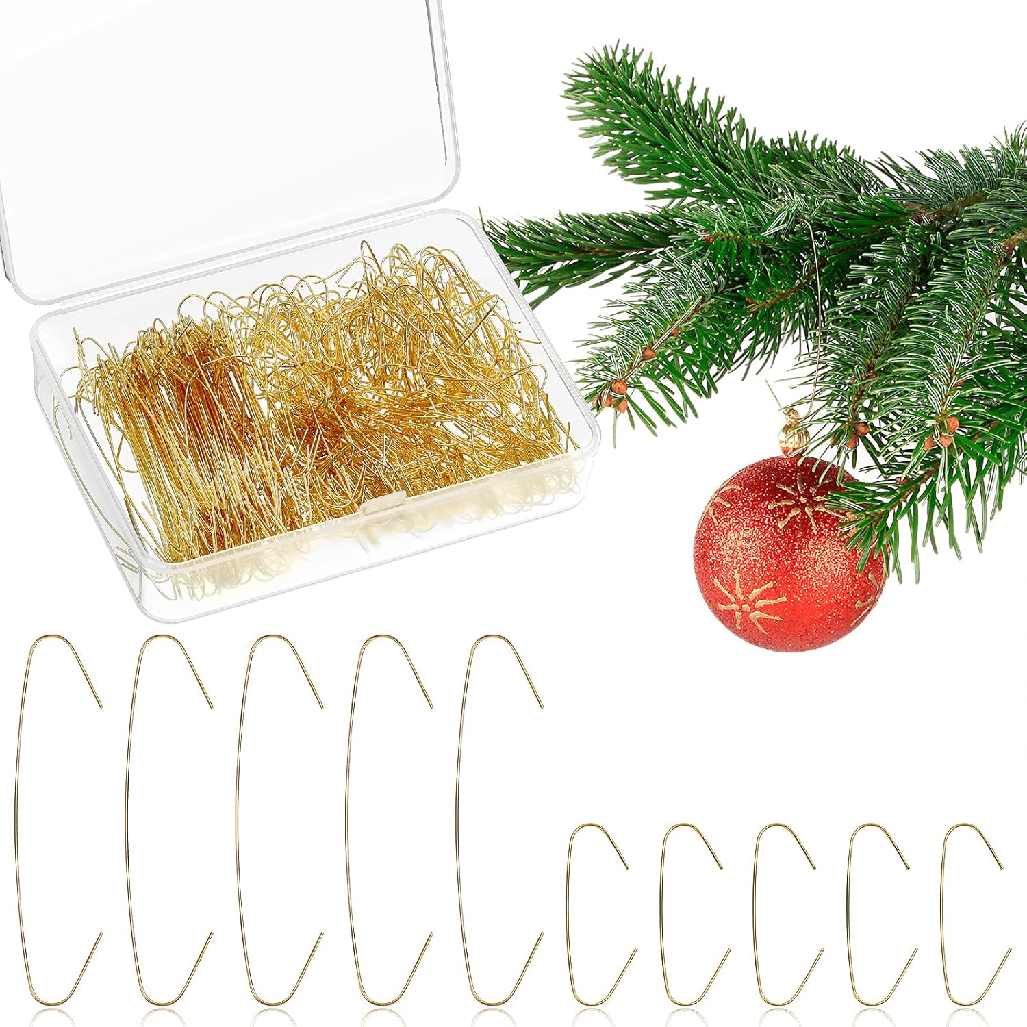 Ornament Hooks - 450 Pieces Christmas Ornament Hanging Hooks Metal Wire Ornament Hooks Gold Christmas Ornament Hooks Xmas Ornament Hangers Holiday Decorating Hooks with Storage Box for Home Christmas Party Decoration