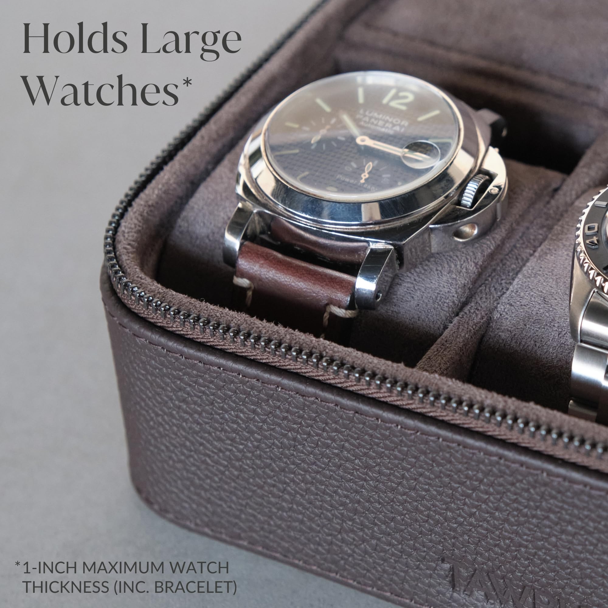TAWBURY Watch Case - 2 Slot Genuine Top-Grain Leather Watch Travel Case for Men & Women with Metal Zipper and Extra Wide Pillows for Large Watches (Brown)