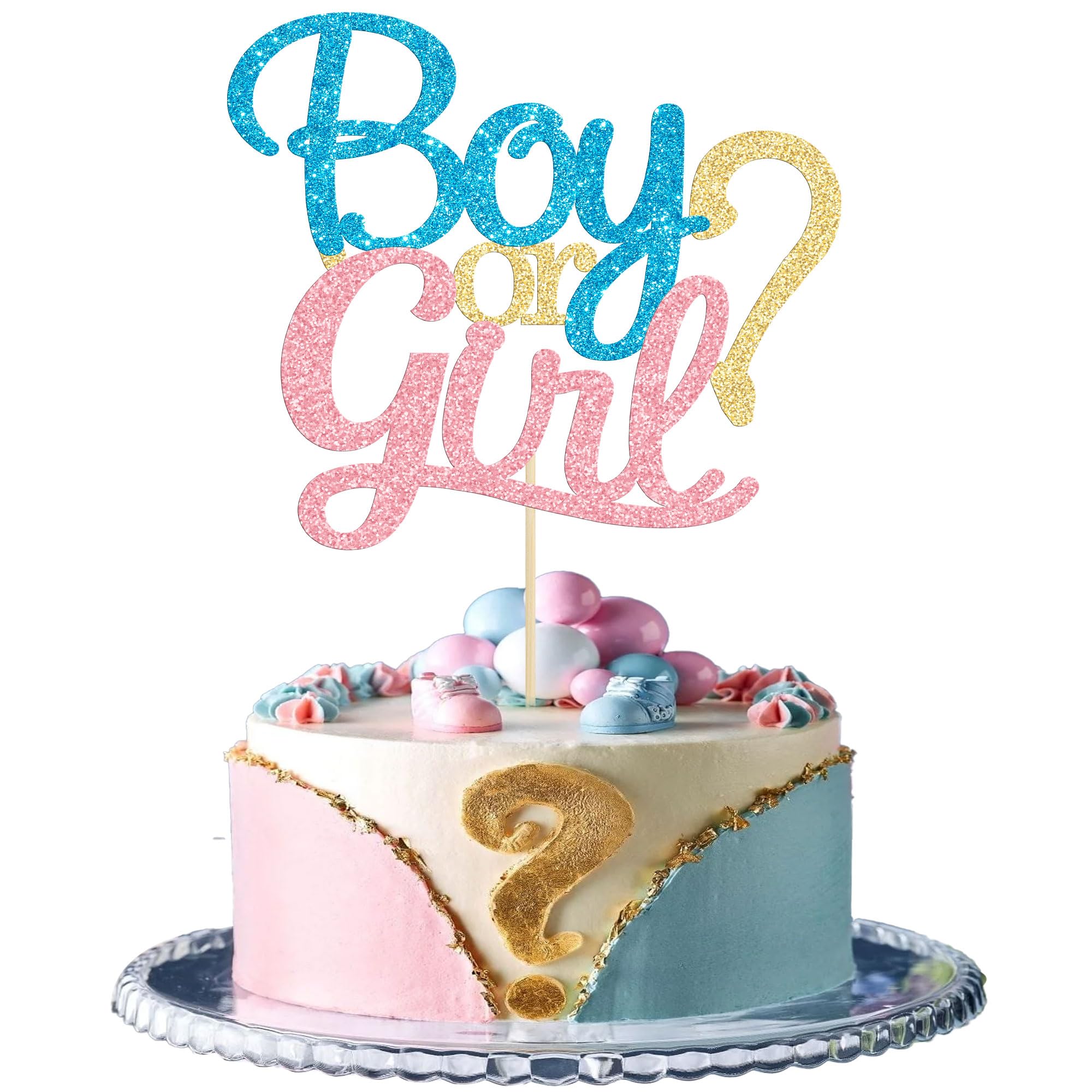 Gyufise 1 Pack Glitter Boy or Girl Cake Topper Blue and Pink Glitter He or She Cake Decoration Pick for Baby Shower Gender Reveal Party Decorations Supplies
