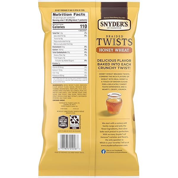 SNYDER’S OF HANOVER PRETZELS, BRAIDED PRETZEL TWISTS HONEY WHEAT, 12 OZ