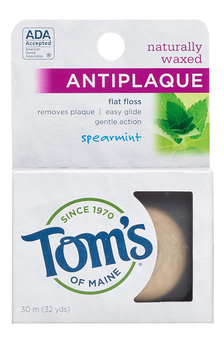 Tom's of Maine Natural Waxed Antiplaque Flat Floss, Dental Floss, Natural Floss, Spearmint, 32 Yards, 6-Pack : Dental Floss Toms : Beauty