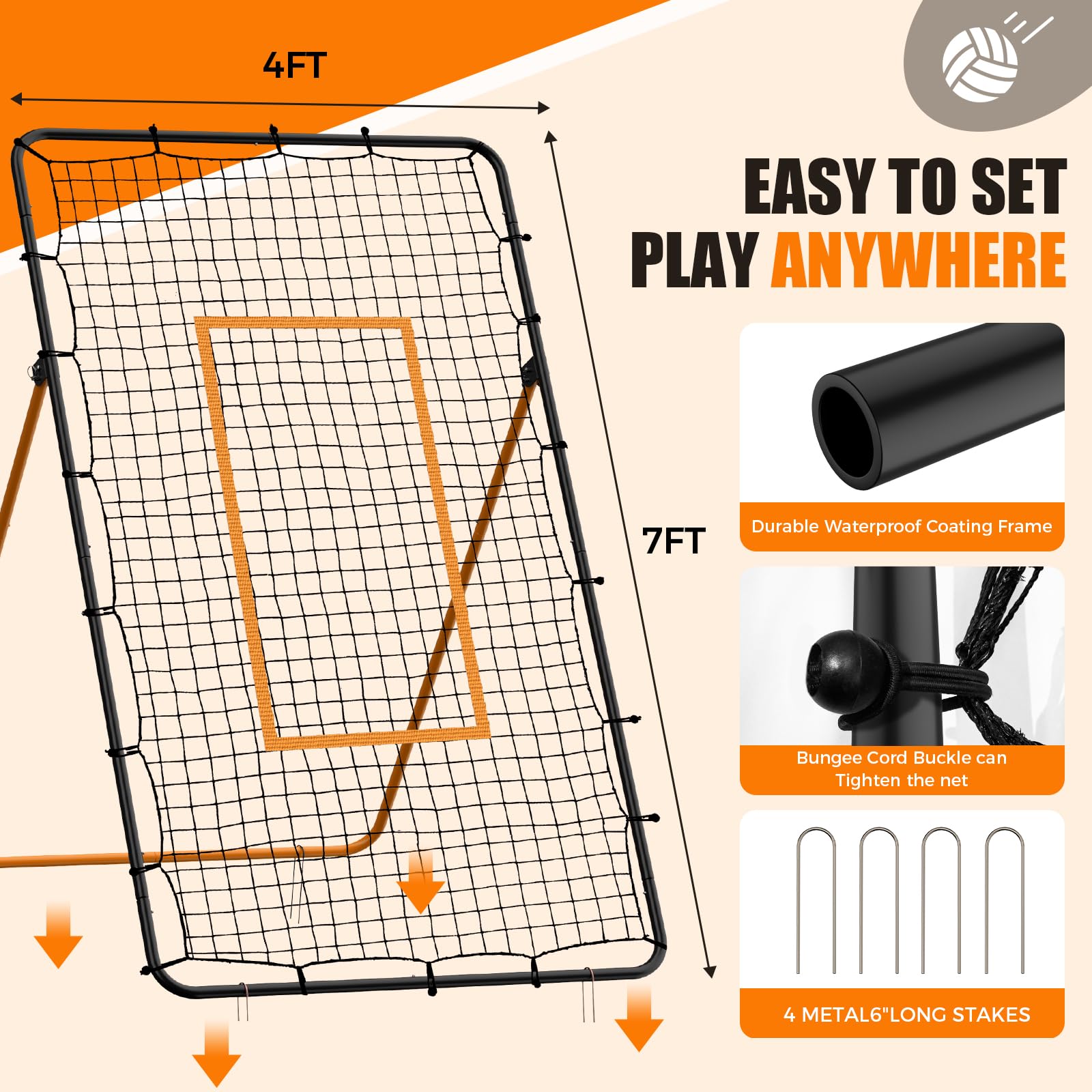Volleyball Rebounder Net - Portable 7x4 ft Training Equipment for Spike and Smash Practice - 5 Rebound Angles Custom Target Area for Volleyball Sports Training,Orange