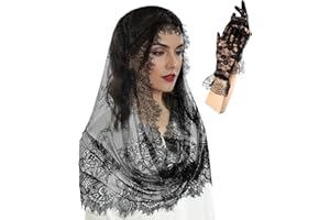 BOARDFEB 2 Pcs Lace Veil Church Mantilla Catholic Veil Bridal Wedding Veils Halloween Veil Gloves