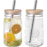 Amzcku 32oz vintage Mason Jars with Bamboo Lids and Stainless Steel Straws -Wide Mouth Quart Canning Jar, Reusable 32oz Boba & Smoothie Cups (2-Pack)
