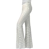 Nawgut Sequin Flare Pants Sparkly Glitter High Waisted Bell Bottom Trousers Disco Party Clubwear for Women