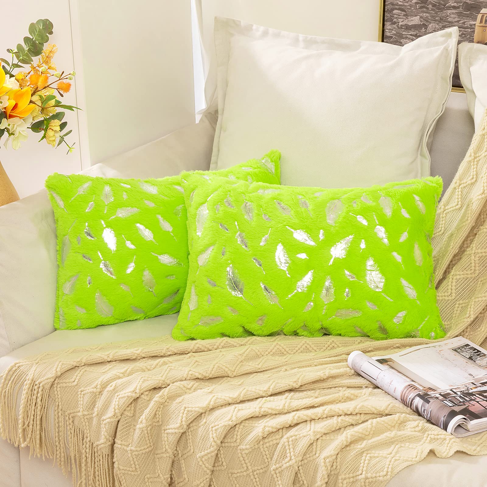 MIULEE 2 Pack Faux Fur Cushion Covers Fluffy Throw Pillow Covers Gold Feathers Soft Lovely Decorative Sapphire Square Luxurious Pillowcase for Livingroom Silver-Yellow-Green 30x50cm 12x20 Inch