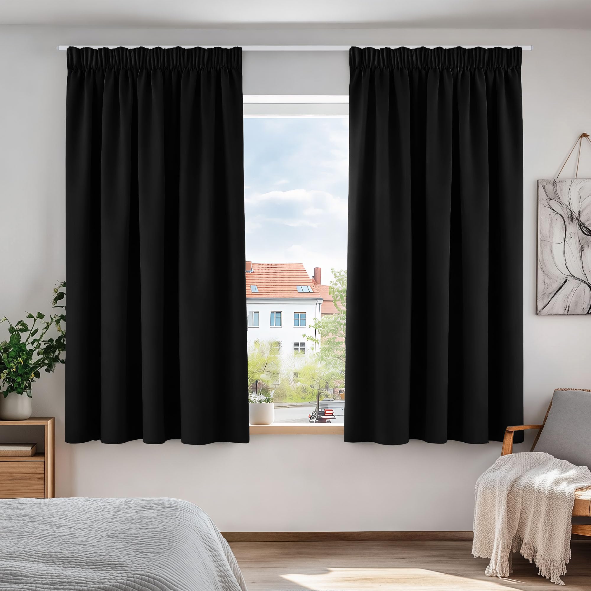 Deconovo Blackout Curtains Thermal Insulated Pencil Pleat Curtains for Windows, Black, 46 x 63 Inch, Two Panels