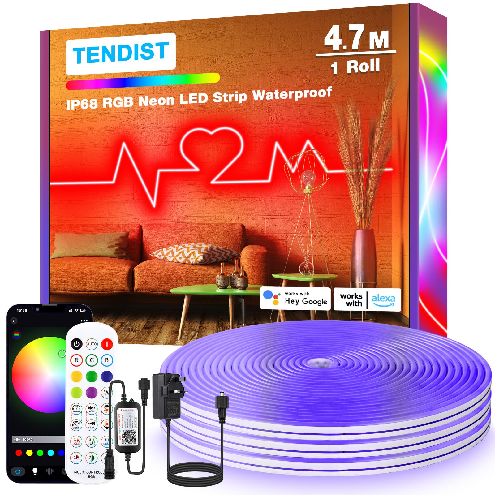 TENDIST 4.7M RGB LED Neon Strip Lights Outdoor, IP68 Waterproof WiFi Flexible LED Neon Rope Light Alexa Compatible, 24V DIY Music Sync Silicone LED Neon Strip Light for Bedroom, Party, Outdoor Decor