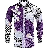 Mens Luxury Brand Printed Silk Like Satin Button Down Dress Shirt for Party Prom Long Sleeve Slim Fit Floral Nightclub Shirt